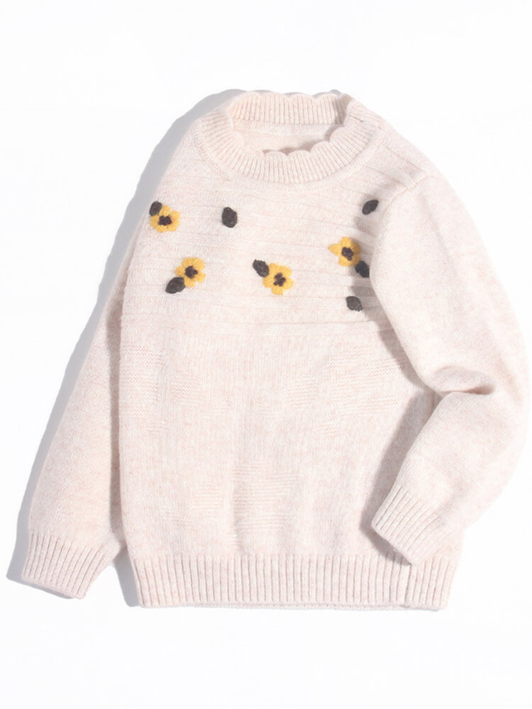 Kids Light Beige Cashmere Sweater with Yellow Floral Embroidery